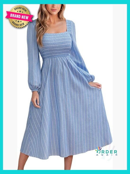 Dresses & Skirts - Long Sleeve Square Neck Striped Smocked Midi Dress Flowy A Line Ruffled Fall